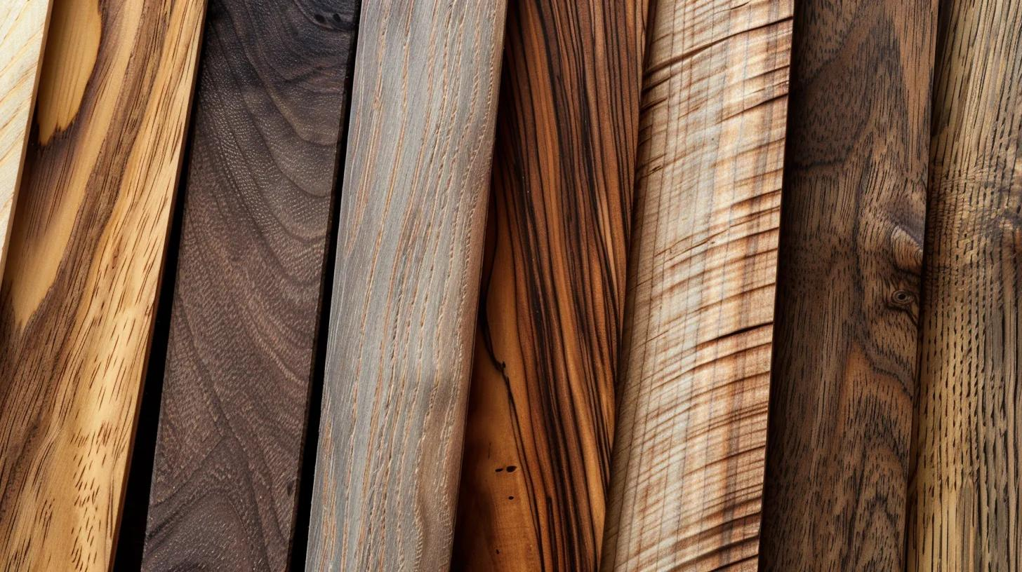 Close-up of hardwood species including oak, maple, cherry, black walnut, and Ipe